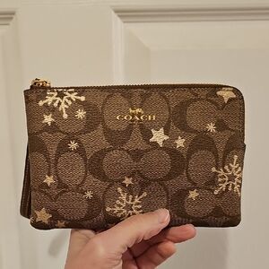 Coach Corner Zip Wristlet with Snowflake Print